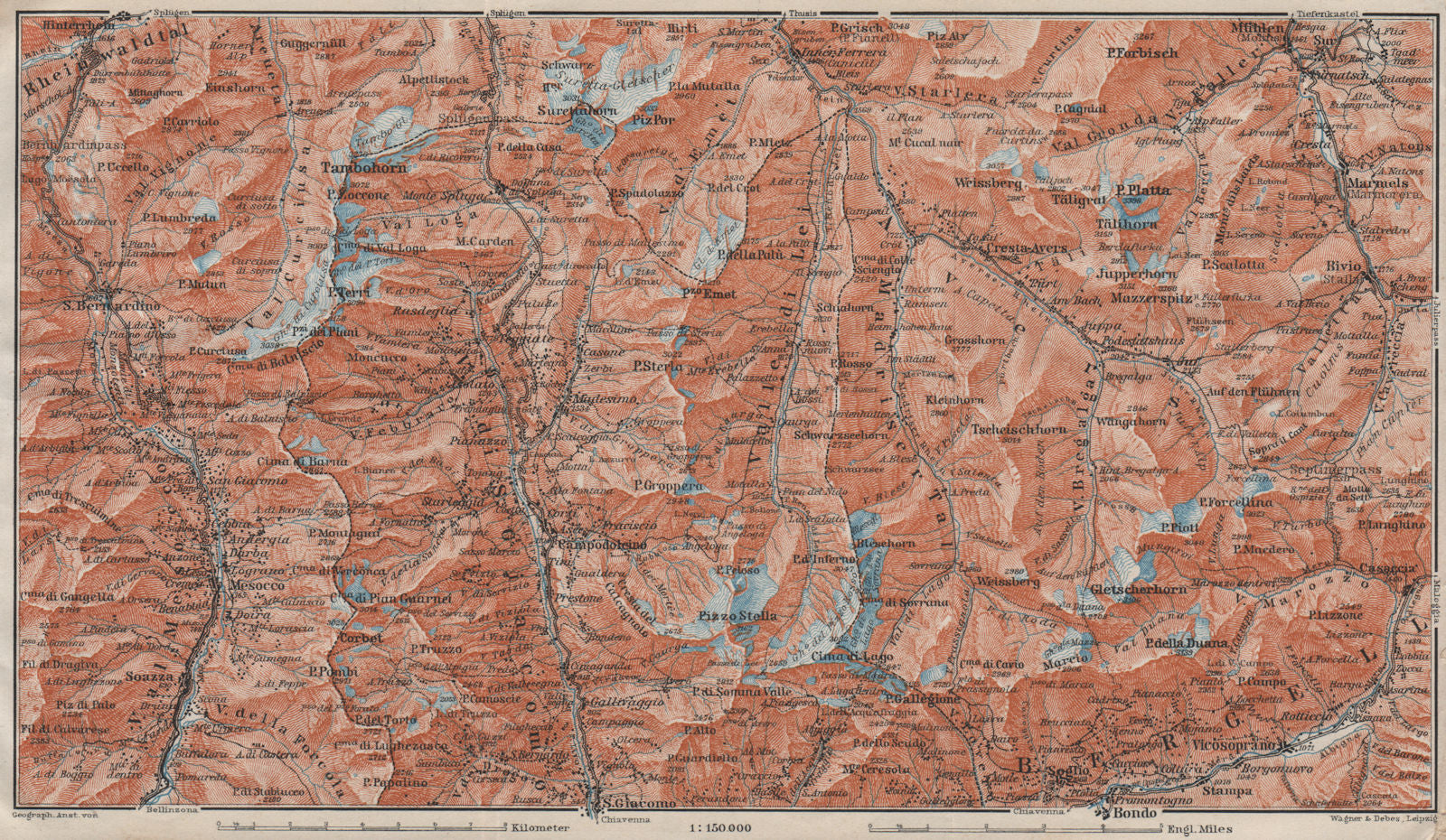 SPLÜGEN-BONDO. Madesimo San Bernardino Mesocco Tambohorn Surettahorn 1911 map
